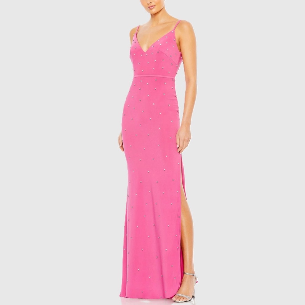 NWT Mac Duggal Pink Rhinestone Embellished V-neck Gown 67812 Size 8